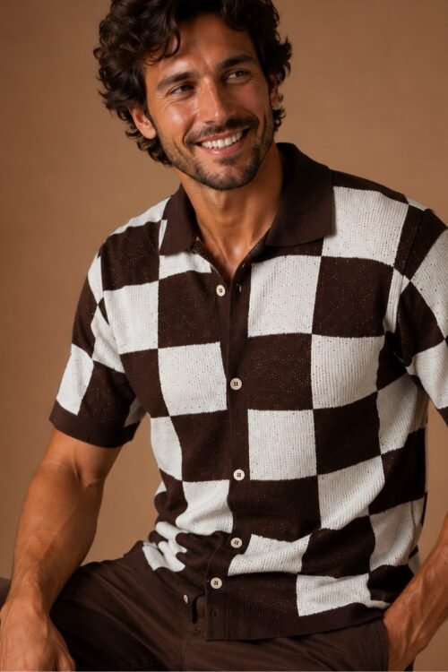 Camisa de Tricot Quadriculada Marrom