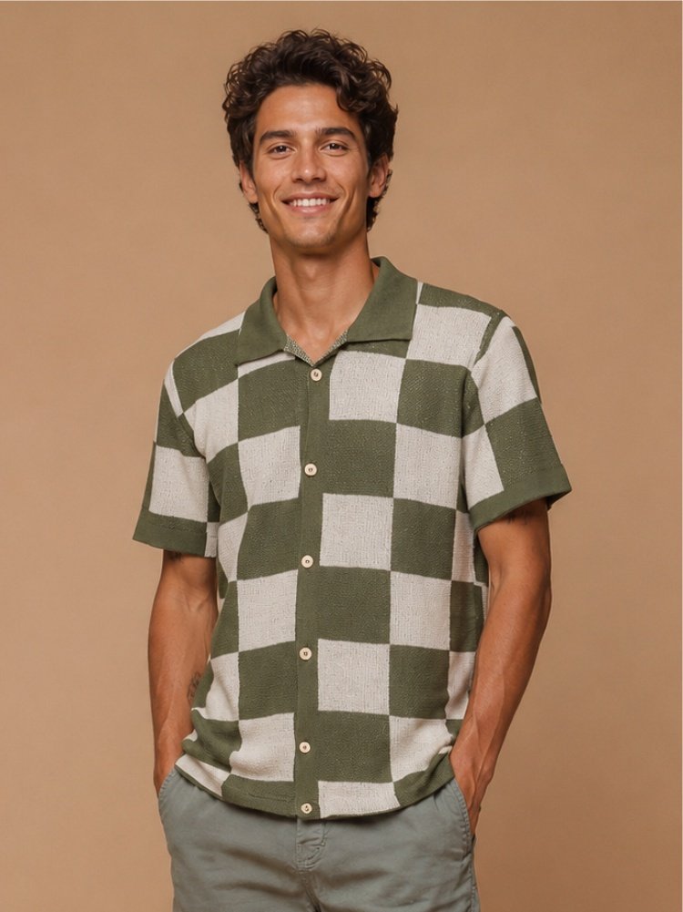 Camisa de Tricot Quadriculada Verde